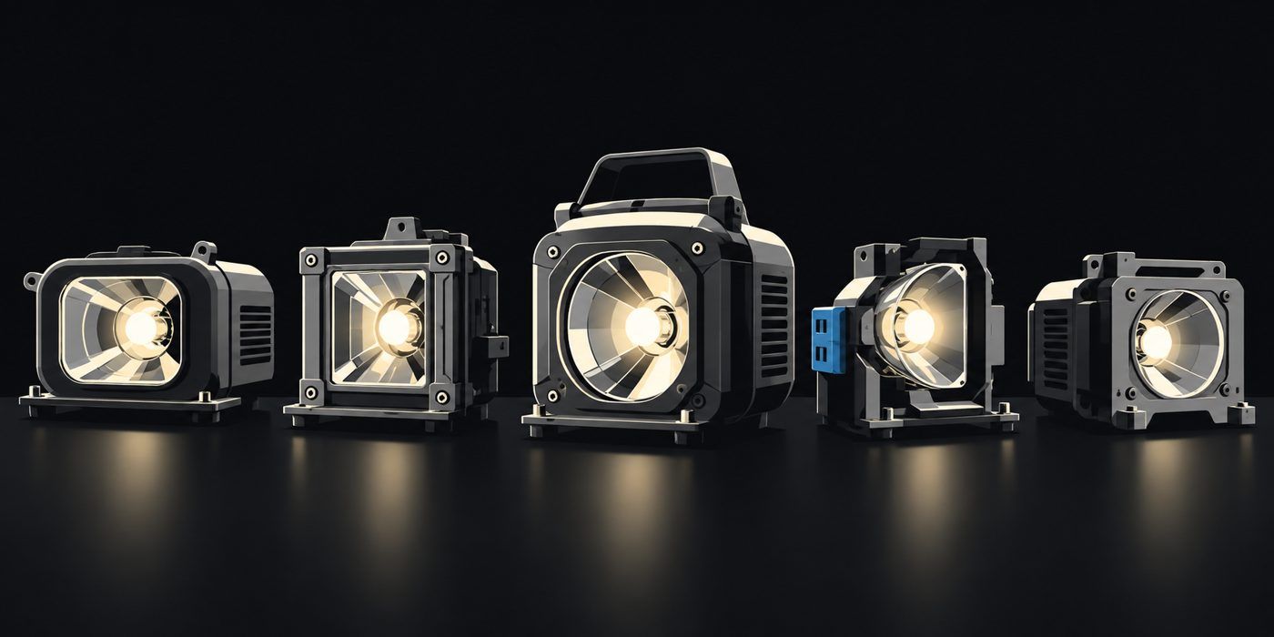 Une lampe de vidéoprojecteur posée à côté de son boîtier, éclairée par un faisceau bleu